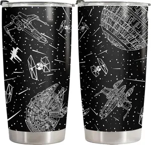 34HD Starship Space Tumbler 20oz Stainless Steel Insulated - Funny Galaxy Spaceship Gift for Sci-Fi Fans - Double Wall Vacuum Travel Mug Black White Line Art