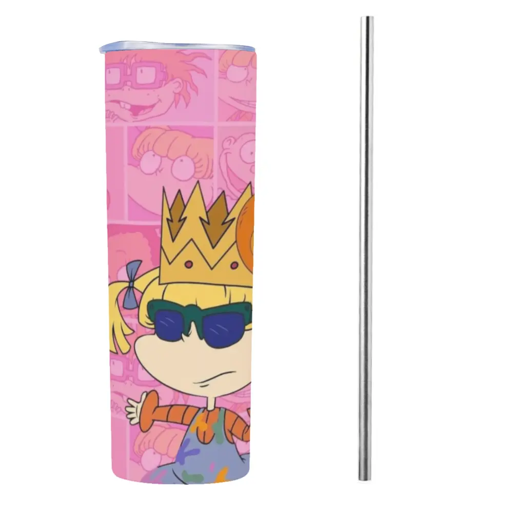 Rugrats Angelica Pickles Pink Skinny Tumbler, 20oz Stainless Steel Insulated Travel Cup with Straw Portable Reusable Vacuum Insulated Tumbler with Carry Handle,Ideal for Camping & Hiking, Hydration Tumbler