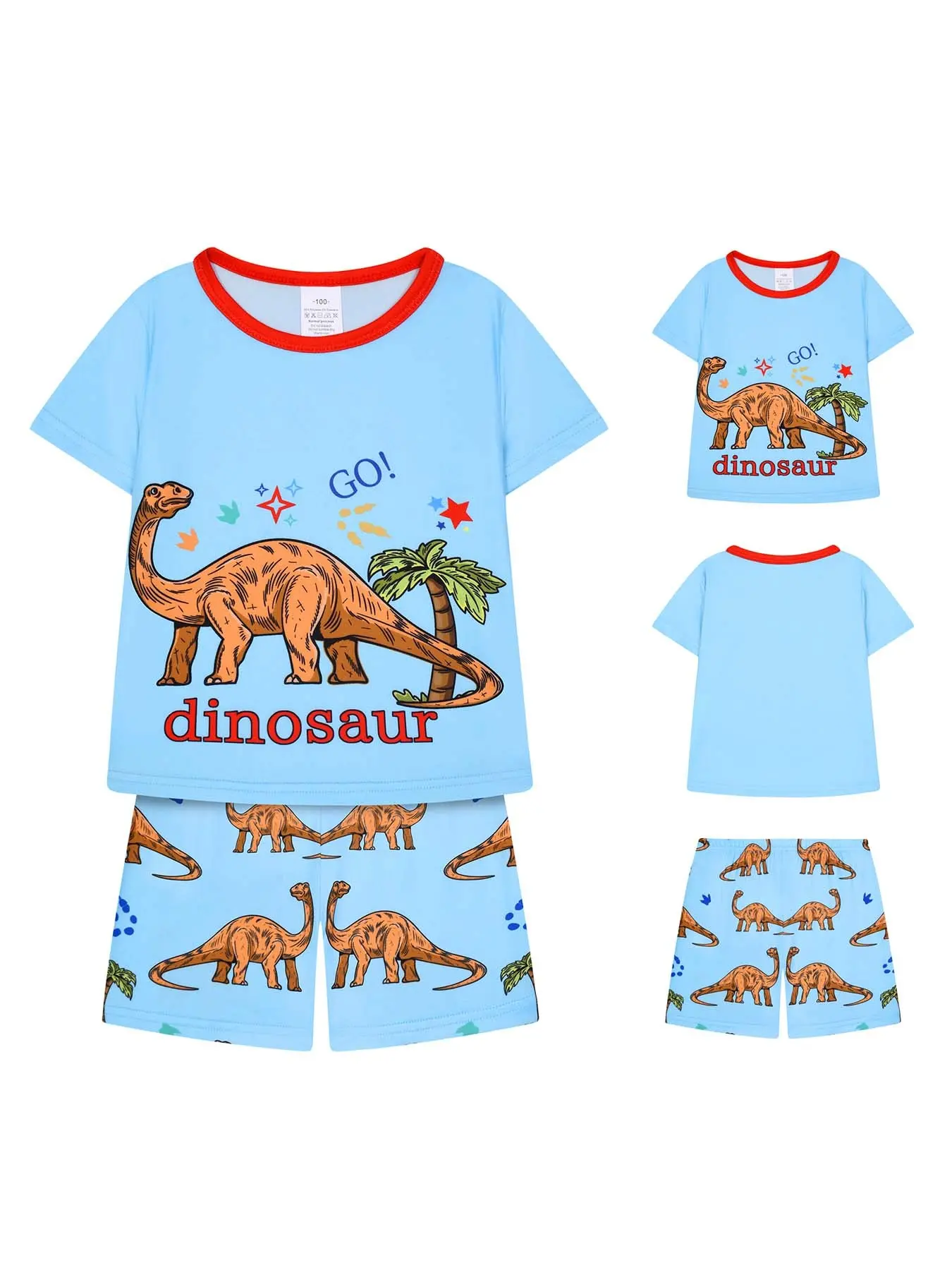 Boys Round Neck Short Sleeve Pajama Set, Dinosaur Print, Cartoon Pattern Pajamas, Fashion Casual Home Wear, Elastic Waist, Fitted, Pajamas, Summer Pjs