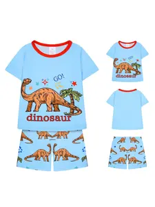 Boys Round Neck Short Sleeve Pajama Set, Dinosaur Print, Cartoon Print Pajama, Fashion Casual Home Wear, Elastic Waist, Fitted, Pajamas
