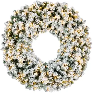 Best Choice Products Artificial Pre-Lit Flocked Fir Christmas Wreath Decoration w/ 2-in-1 LED Lights