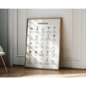 Classic Cocktails Recipe Print Poster Retro Bar Cart Decor College Dorm Room Decor Trendy Bar Art Framed Wall Art Alcohol Birthday Gift