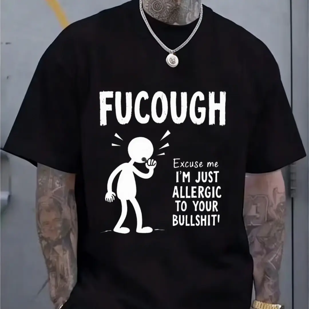 Men's Round Neck Shortsleeve Pure Cotton Tshirt - Soft, Breathable Multi-Size Menswear Top with "Excuse Me I'm Just Allergic To Your Bullshit" Text Pattern for Casual Wear, Graphic Print, T-Shirt