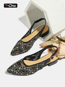 Women's Fashion Mesh Embroidery Sandals, New One-Strap Breathable Open-Toe Chunky Heel Low Heel Shoes, Comfortable Single Shoe, Elegant Sandals