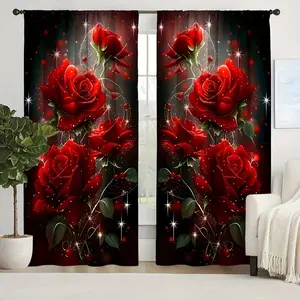 Romantic Star Rose Pattern Curtains, Spring Summer Valentine's Day Decor, Polyester Printed Drapes for Bedroom Living Room Home Decoration
