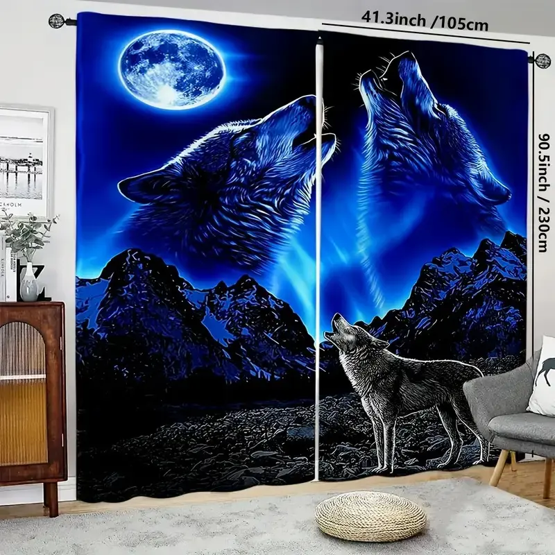 2 Piece Set Night Wolf Howling Print Semi-Transparent Curtains, Polyester Rod Pocket Curtains for Living Room Bedroom Home Decor, Home Decoration Curtain, Sheer Printed Curtains, Home Decorative Curtain