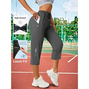 Women Ice Fiber Stretchy Cropped Pants Loose Fit Drawstring Waist Zipper Pockets Breathable Soft Casual Capri Pants Daily Outdoor Workout Activewear