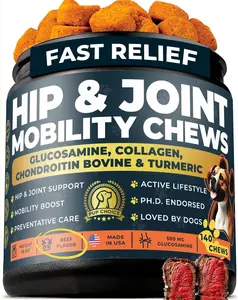 Hip & Joint Support Treats for Dogs - PhD Endorsed 500mg Glucosamine + Collagen, Chrondroitin & Turmeric- Preventative Care, Mobility Boost - 140 Treats - Beef Flavor - Made in USA