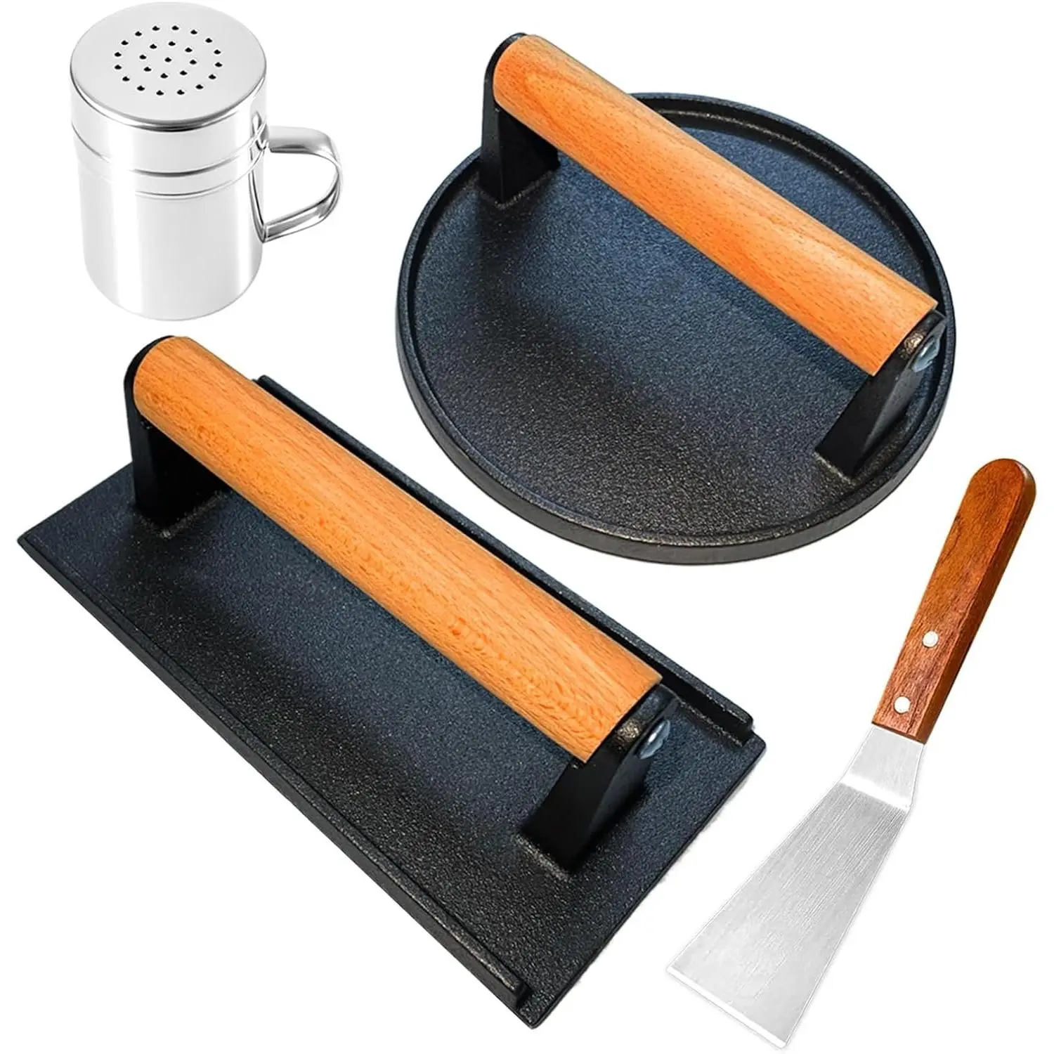Smash Burger Press Kit for Griddle, 4 count Heavy-Duty Cast Iron Round Burger Smasher & Rectangle Grill Press Meat Steak Weight for Bacon, Paninis, Hamburger, Sandwich, with Spatula & Seasoning Shaker