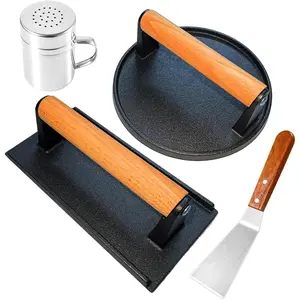 Smash Burger Press Kit for Griddle, 4 count Heavy-Duty Cast Iron Round Burger Smasher & Rectangle Grill Press Meat Steak Weight for Bacon, Paninis, Hamburger, Sandwich, with Spatula & Seasoning Shaker