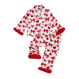Canrulo Toddler Baby Girl Valentine's Day Satin Pajamas Set Heart Print Feather Trim Long Sleeve Button Down Tops Long Pants 2Pcs Pjs Sleepwear Outfits