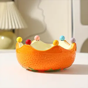 7Pcs Ceramic Orange Fruit Plate & Fork Set (1 Plate + 6 Forks), Lucky "Great Luck" Design, Creative Home Fruit Serving Set, Decorative Bowl for Living Room Coffee Table, Cute Tabletop Ornament