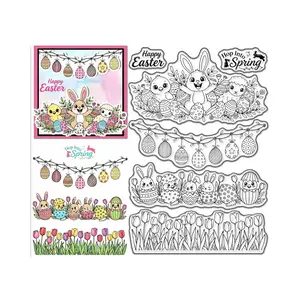 Easter Card Making Transparent Stamp Set, Rabbit Sheep Chicken Border Stamps, Tulip Flower Silicone Stamps for DIY Album Cards