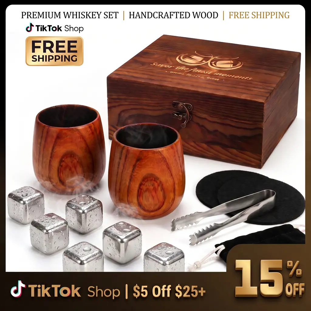 2 x 10oz Custom Premium Wooden Whiskey Cups Set - Stainless Steel Ice Cubes, Tongs, Utensils, Engraved Initials/Personalized Names, Elegant Bar Set, Chill Fast Groomsmen/Father’s Day Gifts for Men