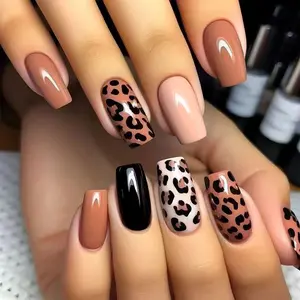 24pcs Square Press-On Nails, Leopard Print Design, Glossy False Nails, Autumn Winter Simple High-End Acrylic False Nails Set, Suitable for Women and Girls