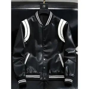 UOSO Men'S Black & White Varsity Jacket - Street Style Baseball Coat with Button-Up Front, Adjustable Snap Closure, Ribbed Cuffs & Collar, Contrast Lining |   Casual Outerwear for Sports Events, Casual Attire & Layered Outfits |   Durable Polyester Shell,