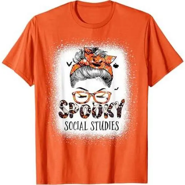 Messy Bun Spooky Social Studies Bleached Halloween Bat T-Shirt