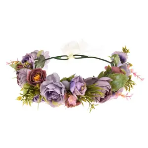 Adjustable Flower Crown Floral Headpiece Floral Crown Wedding Festivals Photo Props (Camellia purple)