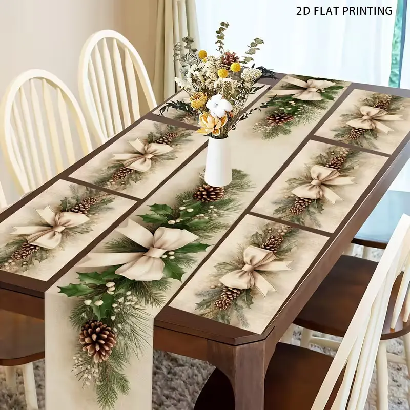 2D flat printing, set of 1 piece/4 pieces/6 pieces/5 pieces/7 pieces, Christmas pine cone bow holiday pattern table flag and placemat set, Kitchen Decorative Placemat, elegant decoration suitable for kitchen and dining table, suitable for holiday family