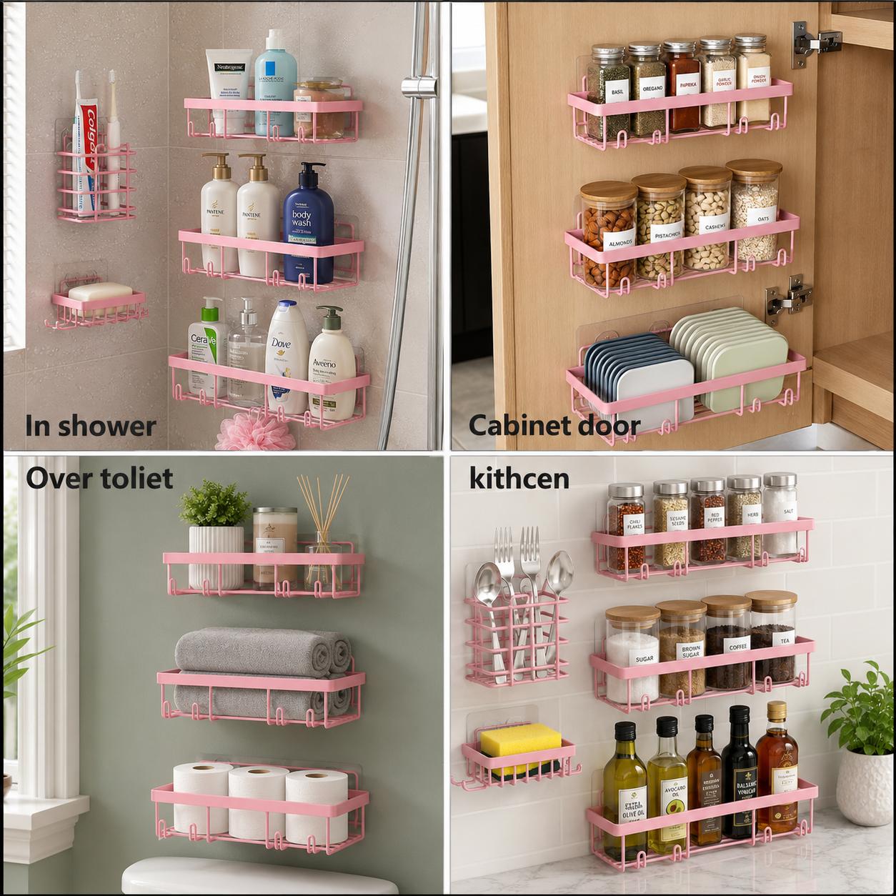 Black Shower Caddy 5 Pack, Adhesive Bathroom Organizer Shelves No Drilling, Rustproof Shower Storage Rack with Hooks, Toothbrush Holder & Soap Dish, Renter Friendly Apartment Essentials for Small Bathroom, Dorm, RV, Kitchen
