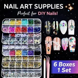 6 Boxes Nail Rhinestones Kit, 3D Nail Art Gems & Pearls Decals, Manicure Tool Set for DIY Nail Designs