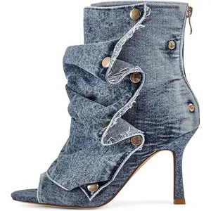 Evolra Women's Y2K Style Fashion Denim Open Toe Snap Booties - Studded Slouchy Stiletto Heel Shark Boots | Trendy shoes for Party