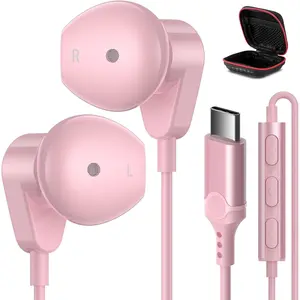 h-35  USB C Headphones for iPhone 15 Plus 16 17 Pro Max iPad Pro USB-C Wired Earbuds with Microphone Volume Control HiFi Stereo Type C Earphones for Galaxy S26 S25/S24/S23/S22, Pixel 10 9 8 7 6, Pink