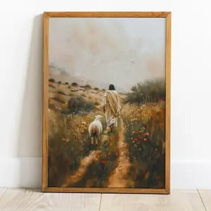 No Frame Jesus Leaves the 99, Jesus Poster, Jesus Art, Bible Verse Wall Art, Christian Wall Art, Autumn Wildflowers Field Print, Floral wall art, Good Shepherd, lost sheep, Christian gifts, Religious art