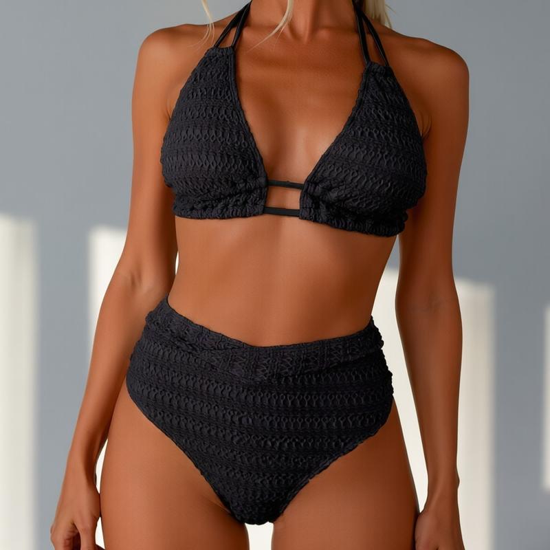 Black textured halter high-waisted bikini | Fashionable summer beach swimwear set with a twisted front waist; four unique styles — Hawaiian, Miami, Victoria’s Secret