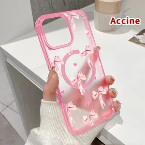 Magnetic Phone Case for iPhone 16 Pro Max 15 Plus 14 13 12 11 XR XS E Pink Bow Pattern Shockproof Soft Silicone Transparent Protective Cover Supports Wireless Charging