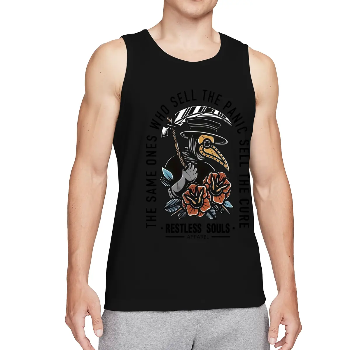 Men's Gothic Punk Graphicvest - RESTLESS SOULS Design with Plague Doctor & Rat - Double-Sided Print 100% Cotton Loose Fit Retro Streetwear vest - All-Season Comfort for Concerts, Casual Attire - Ma