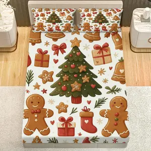 3Pcs Christmas Tree Gingerbread Gift Fitted sheet Three Piece Set (1*Fitted Sheet+2*Pillowcases, Coreless), Christmas theme, Holiday Decor Bedding Set, Bedroom Living Room, Mattress protector Soft, Breathable