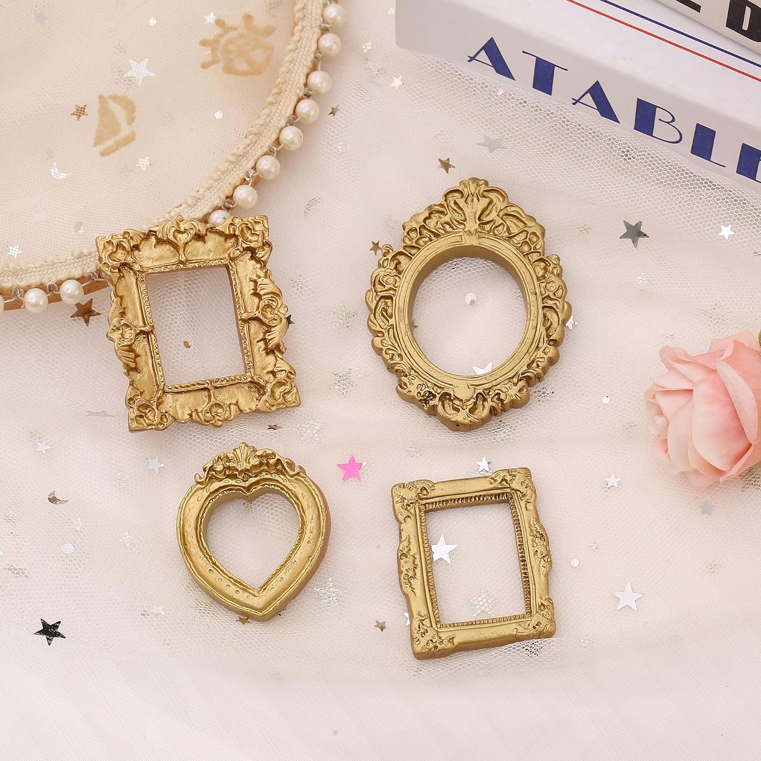 12Pcs Mini Gold Picture Frames,  Photography Prop, Miniature House Ornament, High Quality Frame, Classic Rectangular Frame，Gift for Parents, Couples, and Best Friends