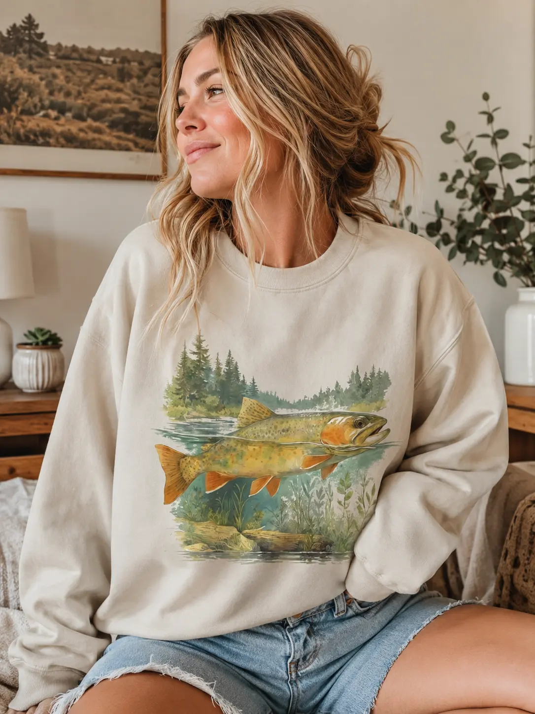 Retro Fish Sweatshirt, Vintage Trout Fishing 90s Sweatshirt, Rustic Wildlife