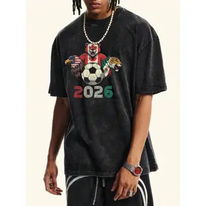 260g Washed Cotton Fabric Printed T-Shirt, Men's Short-Sleeve Shirt,2026 World Cup-Themed Vintage Print, Featuring The Representative Animals Of The Three Host Countries,  Mens Clothes | Graphic Tees Men | Shirts For Men