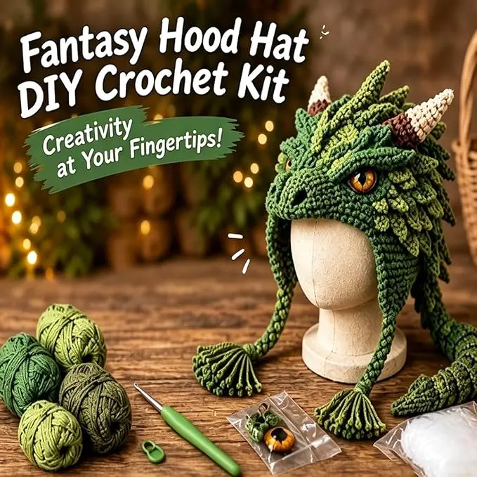 DIY Crochet Fantasy Animal Hood Hat Kit for Beginners - All-in-1 Complete Set with Step-by-Step Guide, Handmade Craft Gift for Adults (Toys & Hobbies, Knitting & Crochet)