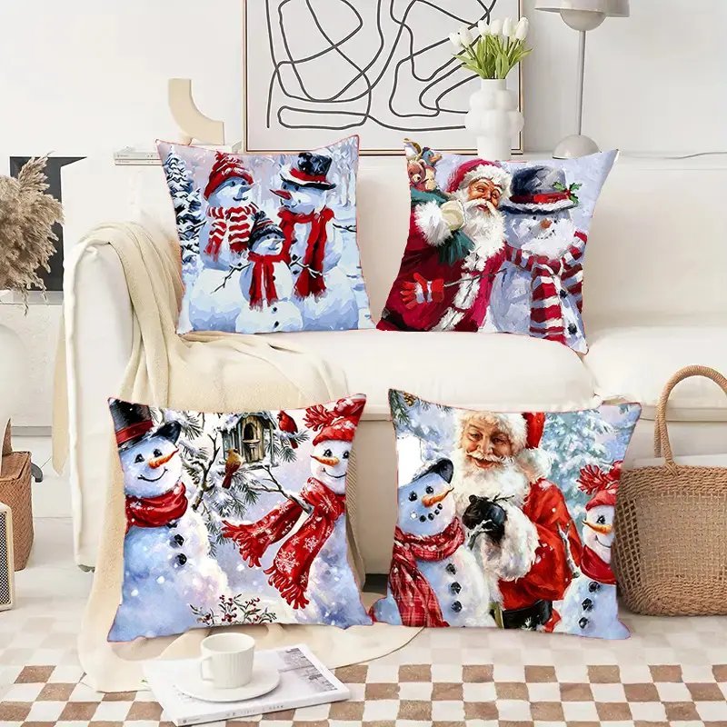 4PCS Farmhouse Christmas Themed Cushion Slipcovers, Retro Painting Santa & Snowman Print Sofa Throw Pillow Cases, Seasonal Indoor Home Decor for Xmas & New Year