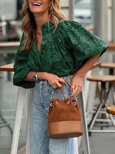 Women's All-Over Printed Puff Sleeve Casual Top Shirt, Loose Fit, Stylish & Comfortable Design, Casual Boho Fashion, Perfect for Everyday Wear, Casual Boho Blouses