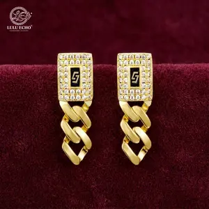 LuLuEcho 14K Gold Plated Cuban Link Drop Earrings | Iced Out CZ Dangle Studs | Waterproof Non-Tarnish Unisex Jewelry | Free Gift Box