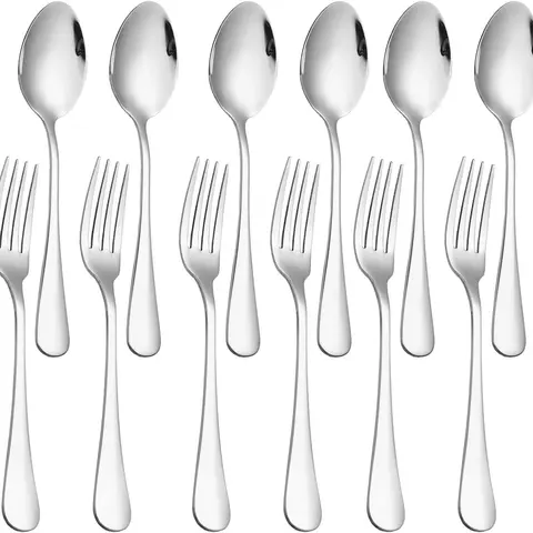 [New Deal] 12-Piece Stainless Steel Cutlery Set - 6.7 in Heavy-Duty Dinner Forks and Spoons, Round-Sided Mirror-Polish Silver Tableware, Dishwasher Safe, Mirror‑Polish Shine