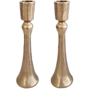 Tapered Shabbat Candle Holders Pair – Rustic Sculpted in Brass or Silver Finish Judaica Gift for Weddings, Shabbat and Holidays (Ancient Brass, 5.9 Inch)