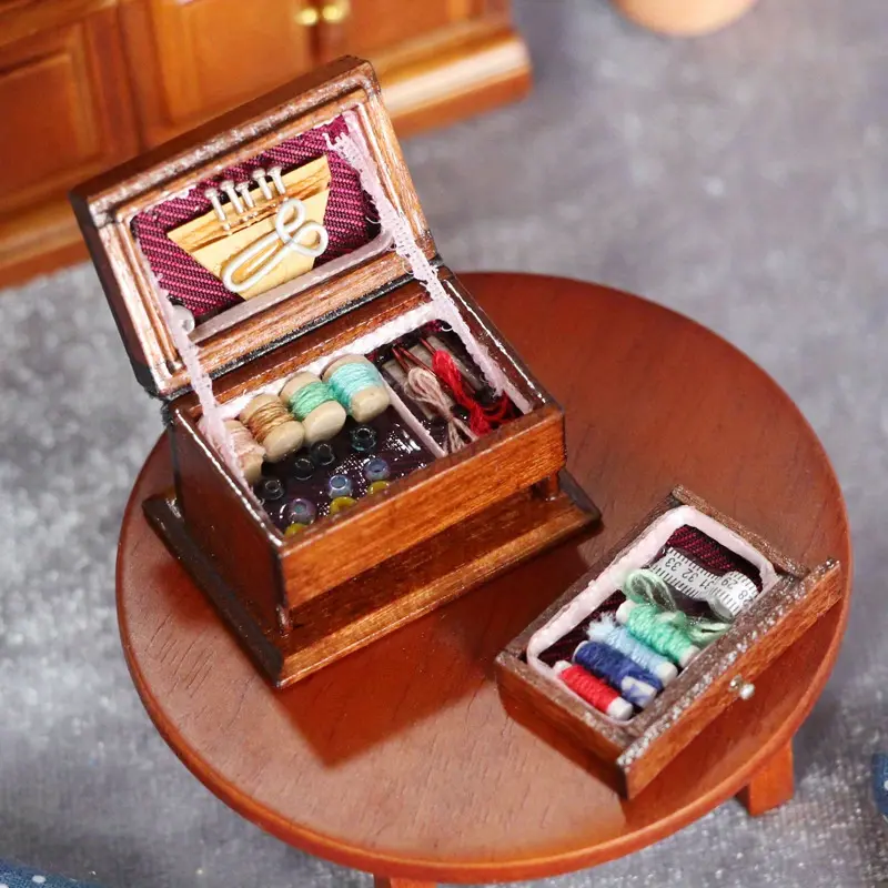 Vintage Grandmother Sewing Box 1/12 Scale Miniature Sewing Machine Detailed Brown Collectible Must Have for Dollhouse Enthusiasts Doll Accessories Gift Christmas New Year Easter Gift