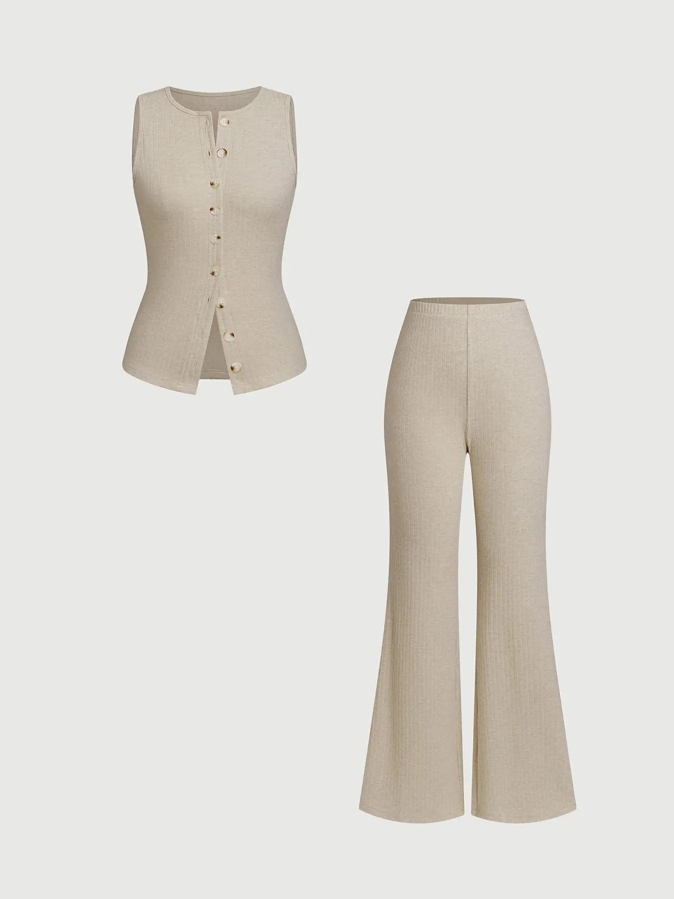 2 Piece Round Neck Sleeveless Slim Fit Ribbed Knit Top & High Waist Flared Trousers, Elegant Commute Style Essential Basic Womenswear Clothes