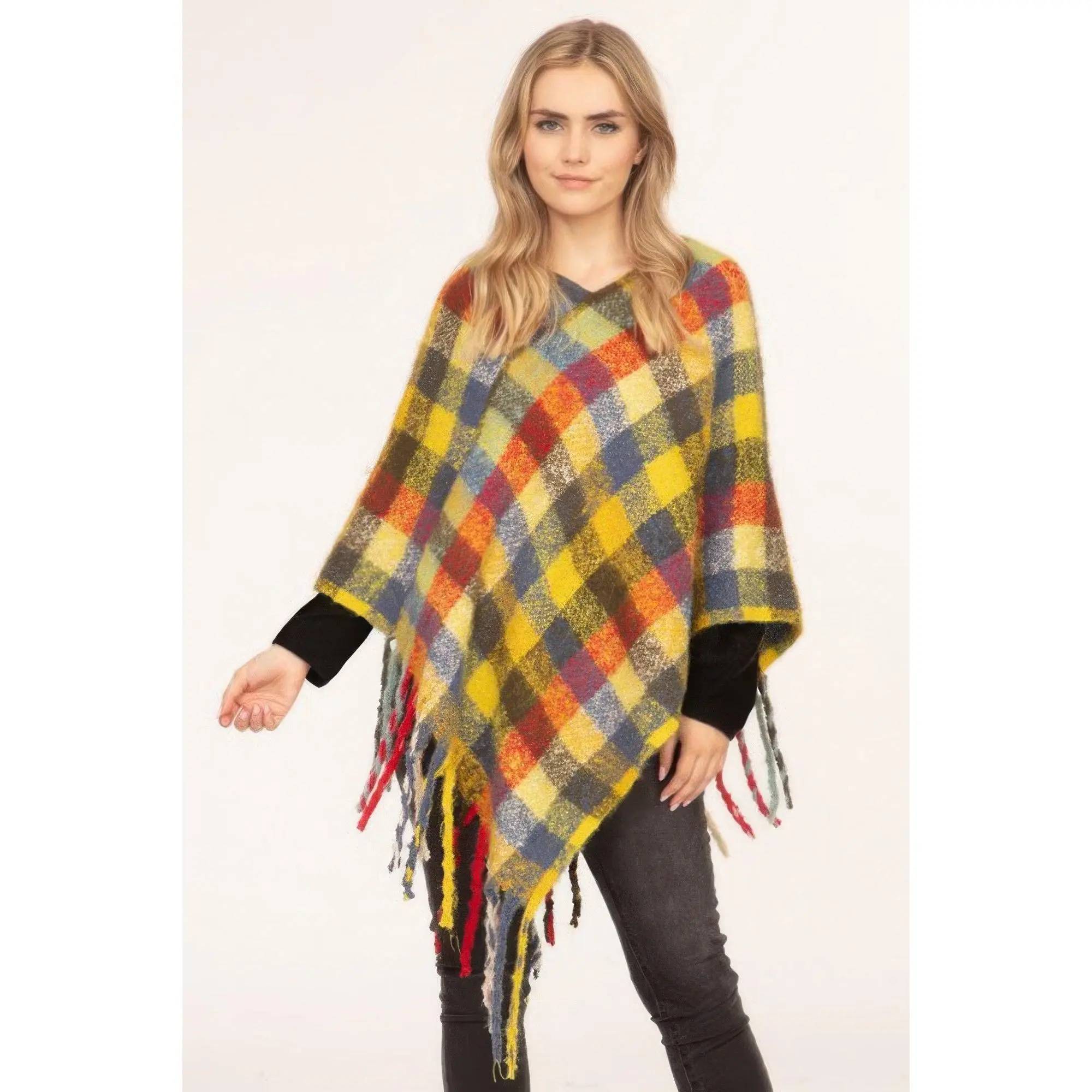 Color Block Plaid Poncho