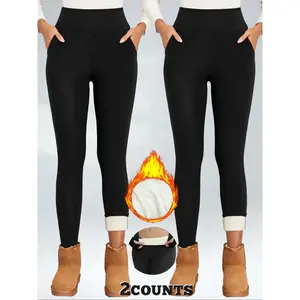 Women’s winter warm fleece-lined leggings, high-waisted slim-fit pants with pockets, casual comfortable minimalist thermal bottoms for fall and winter, womenswear