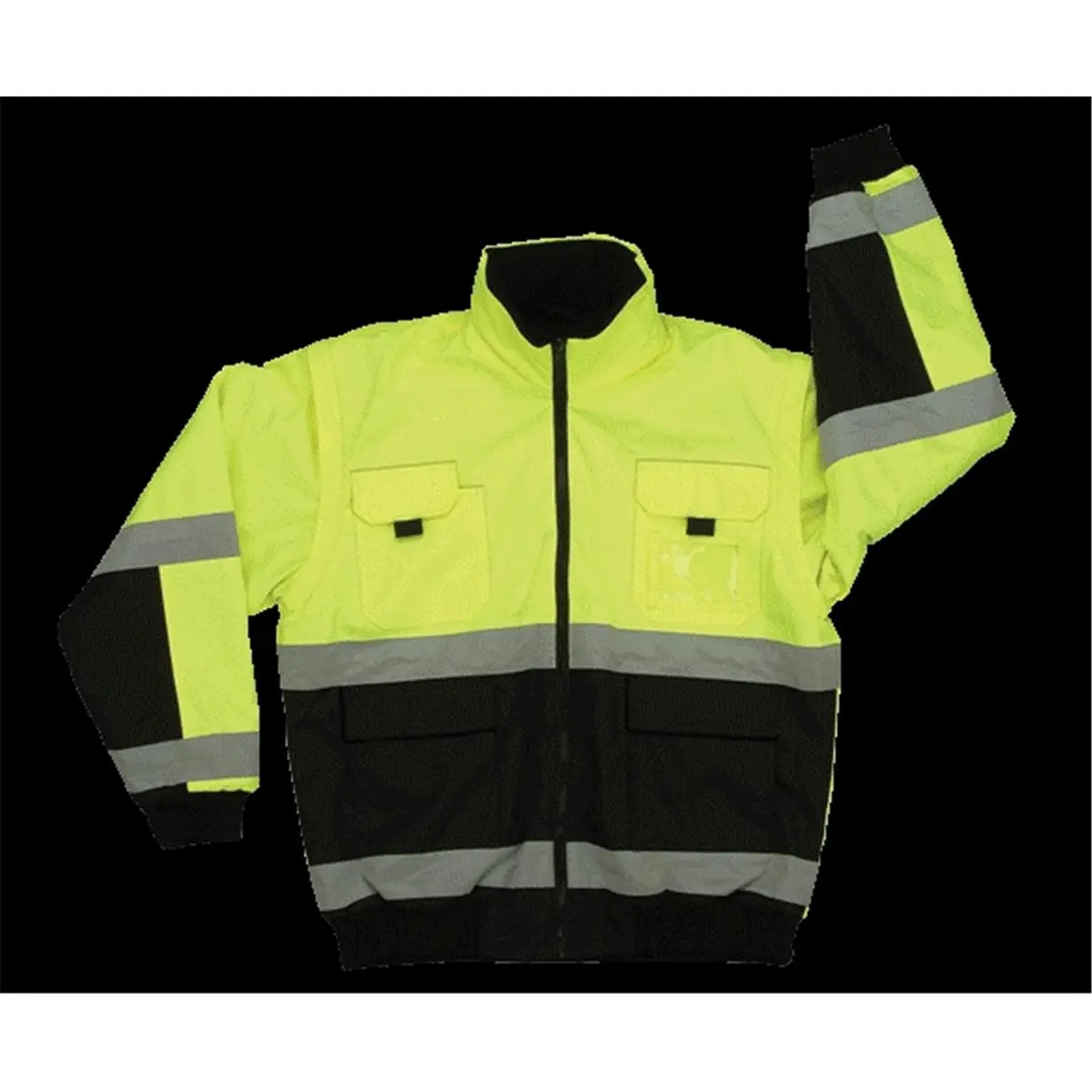 Men's Bomber Jacket, 3-in-1 Adjustable Class 3 High-Vis Reversible Work Coat with Detachable Sleeves & Hood, Black & Lime, 3-In-1 Adjustable Men's Lightweight Jackets