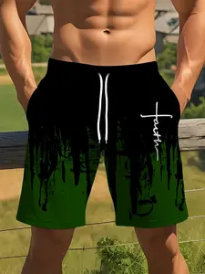 Men's color-blocked letter print drawstring shorts, comfortable and breathable summer street and beach shorts, suitable for outdoor sports, beach vacations and casual wear, Breathable Printed Shorts