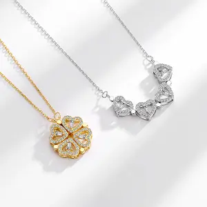 2 in 1 Four Leaf Clover & Charm Lucky magnetic Necklace Heart Zircon Pendant Necklace Gold Jewelry Birthday Gift