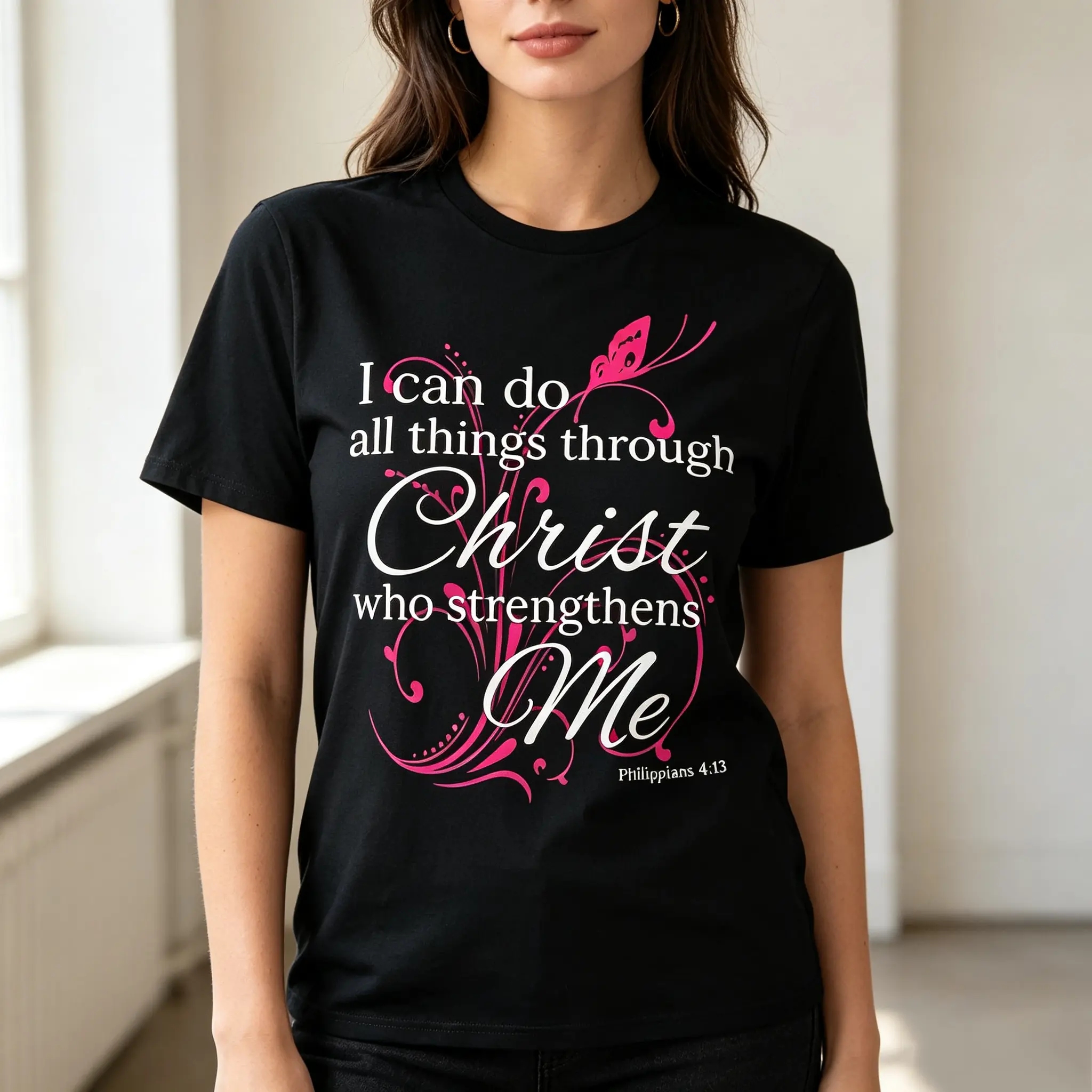 I Can Do All Things Through Christ Who Strengthens Me Pink Butterfly Scroll Graphic Short Sleeve Top, Philippians 4:13 Faith Scripture Women Slogan Tee, Inspirational Casual Outfit