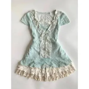 Women's Y2K Vintage Lace Patchwork Dress Two Piece Set Summer Elegant Retro Cardigan + Sweet Fashion Sleeveless Slim Mini Dress